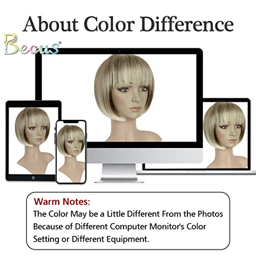 BECUS Kısa Sarışın Peruk Beyaz Kadınlar için Sarışın Bob kahküllü peruk Doğal Yumuşak Sarışın Sentetik Peruk Günlük Kullanım