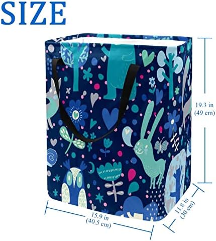 Mavi Orman Hayvan Ağacı Çiçek Desenli Baskı Katlanabilir Çamaşır Sepeti, 60L Su Geçirmez çamaşır sepetleri Çamaşır Kutusu