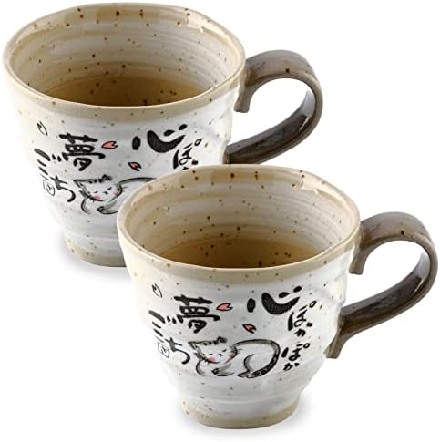 Japon Mino Yaki (Tesisat) seramik Kahve Kupalar 2 Set, Japon Şiir Kedi Tasarım, gri 8.8 floz, el Yapımı Çay Bardak, Çay Töreni