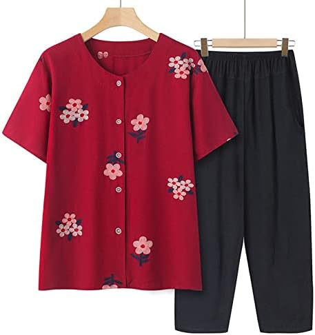 2 Parça Kıyafetler Kadınlar için Artı Boyutu Yaz Rahat Gevşek Fit Yaşlı Kadın giyim setleri Kısa Kollu Tee Gömlek ve Pantolon