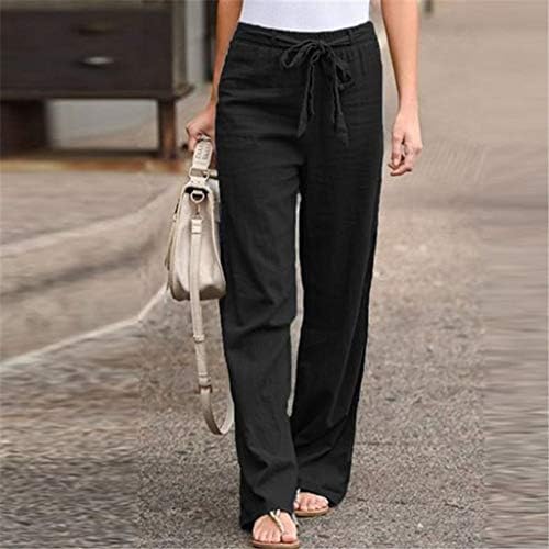 EMRELOD Kadın Yaz Yüksek Belli Pamuk Keten Palazzo Pantolon Geniş Bacak Uzun Pantolon Cep Elastik İpli Rahat Pantolon