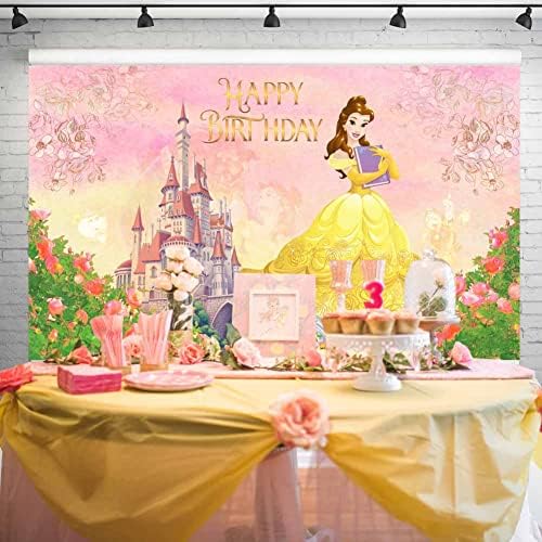 Prenses Belle Zemin Doğum Günü Partisi Suluboya Güller Çiçek Kale Pembe Sarı Arka Plan Güzellik ve Beast Tema Afiş Kek Masa