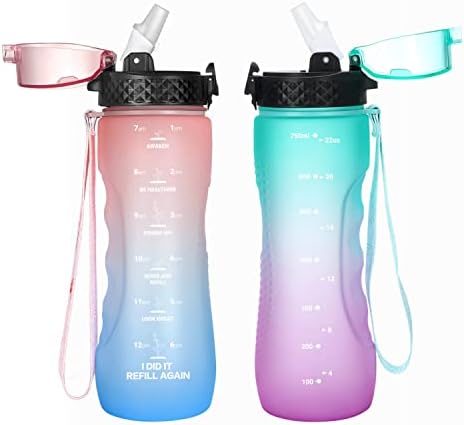 Pipetli Su Şişesi 25 oz, Zaman İşaretli Motivasyonel Su Şişesi, Tek Tıkla Açılan Hasır Kapak Sızdırmaz Tritan BPA İçermeyen