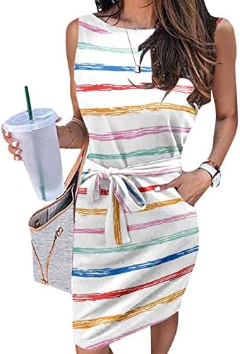 TIFZHADIAO kadın Yaz Çizgili T Shirt Elbise Kolsuz Casual Kravat Bel kalem elbiseler Moda Tank Elbise Cepler ile