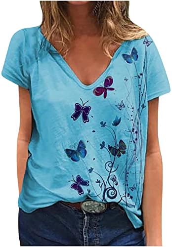 Kısa Kollu 2023 V Boyun Kelebek Çiçek Grafik Gevşek Fit Rahat Fit Üst Gömlek Genç Kızlar için pamuklu bluz JB