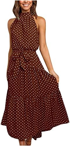 Kadın Yaz Halter Elbiseler Polka Dot Baskı Kolsuz Kravat Bel Hollow Out Geri Maxi Fırfır Sundress Günlük uzun elbise