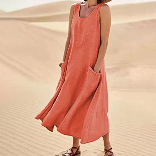 AMXYFBK kadın Düz Renk Kolsuz Pamuk Keten Cep Elbise Gevşek Düz Flowy Maxi Elbiseler Retro Sundress