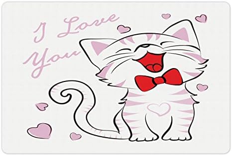 Lunarable Kedi Lover Pet Mat Yiyecek ve Su için, Papyonlu Neşeli Kedi ve Seni Seviyorum Mesaj Kalpleri Neşeli, Köpekler ve
