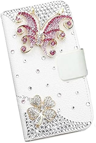 Peri Sanat Kristal Cüzdan Telefon Kılıfı ile uyumlu Samsung Galaxy A03s - Butterfly - White-3D El Yapımı Sparkly Glitter