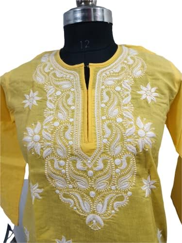 Kadın Pamuk chikankari kurta keşmir tasarım el yapımı kurti Kadın pamuklu elbise (orta). Sarı