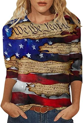 4th Temmuz Gömlek Kadınlar için Amerikan Bayrağı Yaz 3/4 Kollu Ekip Boyun Tees Dörtte Üçü Kollu Tatil Rahat Bluz Üst