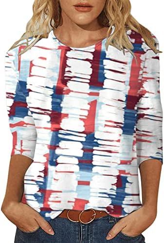 4th Temmuz Gömlek Kadınlar için Amerikan Bayrağı Yaz 3/4 Kollu Ekip Boyun Tees Dörtte Üçü Kollu Tatil Rahat Bluz Üst