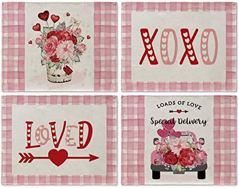 Sevgililer Günü Placemats 4 Set Buffalo Ekose Aşk XOXO Kamyon Gül Çiçek 12x16 İnç Mutlu sevgililer Günü Düğün Yıldönümü yemek