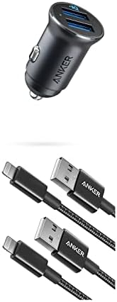 Anker araba şarjı, Mini Alüminyum Alaşım 24 W çift USB araba şarjı ile 6ft Premium Naylon Yıldırım Kablosu [2-Pack]