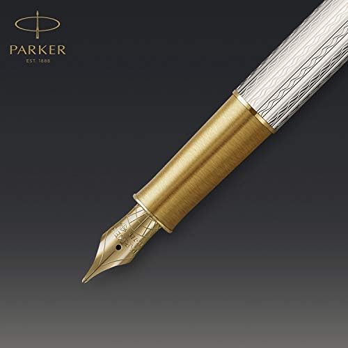Parker Sonnet dolma kalem / Premium Gümüş Mistral Kaplama Altın Kaplama / İnce 18k altın uçlu Siyah Mürekkep Kartuşu / Hediye