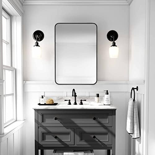 Minuover Duvara Monte Ayna Banyo, Fırça Siyah Metal Çerçeveli Yuvarlak Köşe Dikdörtgen makyaj masası aynası (20 x 30, Siyah)