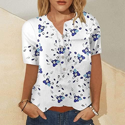 Kadın Kısa Kollu Üstleri V Boyun Düğmeli Gömlek Sevimli Baskı Yaz Rahat T-Shirt Gevşek Fit Tunik Bluzlar