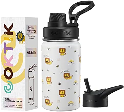 COKTİK 14 oz Çocuk Yalıtımlı Su Şişesi Pipetli ve 2 Kapaklı, BPA İçermeyen ve Sızdırmaz Çift Cidarlı Paslanmaz Çelik Çocuk