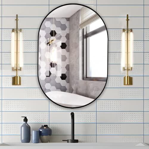 Manocorro Oval Duvar Aynası, 20 x 30, Siyah Oval Banyo Aynası, Metal Çerçeveli Büyük Duvara Monte Ayna, Dikey ve Yatay, Giriş