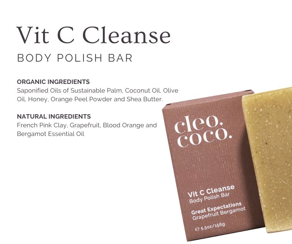 Cleo + Coco Cleanse Bar, C Vitamini Vücut Temizleme Sabunu Bar, Sıfır Atık Ambalaj, Vücut Cilası Bar, Alüminyum İçermez,