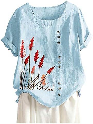 Büyük boy Keten Üstleri Kadınlar için Moda Çiçek Baskılı T Shirt Crewneck Kısa Kollu Tees 2023 Yaz Casual Bluzlar