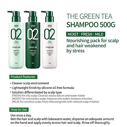 AMOS PROFESYONEL Yeşil Çay Şampuanı [Nemli - Normal/Kuru Saç Derisi için] 17.6 oz (500g) | Saç Büyümesi ve Nem için İnceltme