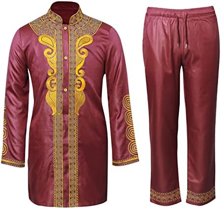 TİDOİRSE Afrika Erkek Giyim,uzun Kollu Altın Nakış Düğme yukarı Gömlek ve Pantolon erkek 2 Parça Dashik Kıyafet