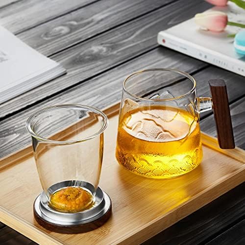 Demlik ve Kapaklı DOPUDO GLORİETTE Cam Çay Fincanı, Kabartma Manzara Desenli 570ml / 19oz Büyük 3 Parçalı Cam Çay Bardağı,