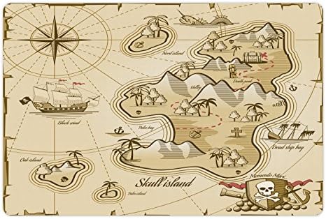 Yiyecek ve Su için Lunarable Korsan Pet Mat, Treasure Island Deniz Macerası Okyanus Navigasyon Pusulasının Elle Çizilmiş