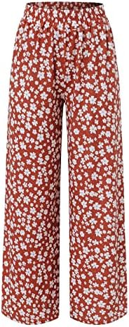 ETHKIA Bayan Yüksek Bel Pantolon İlkbahar ve Yaz kadın Küçük Çiçek Gevşek Rahat Bel Geniş Bacak Pantolon Keten Pantolon