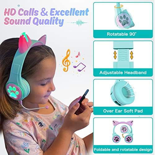 Rıwbox CF9 Kedi Kulak Çocuklar Bluetooth Kulaklıklar ile led ışık Up,Güvenli 85dB Ses Sınırı, Dahili Mikrofon ve Boom Mic