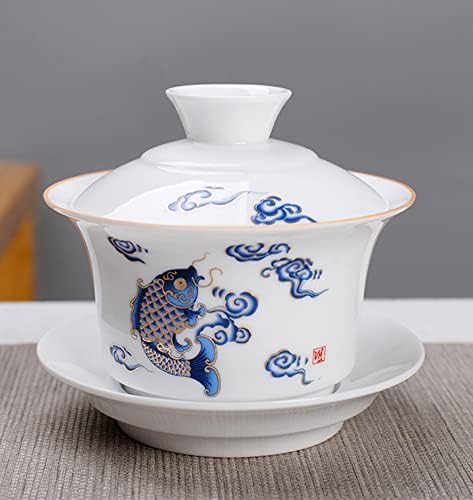 Emoyı Gaiwan Kung Fu Çay Fincanı 6 oz Fincan ve fincan tabağı seti porselen çay kase, Beyaz, KK-544, 100 ml