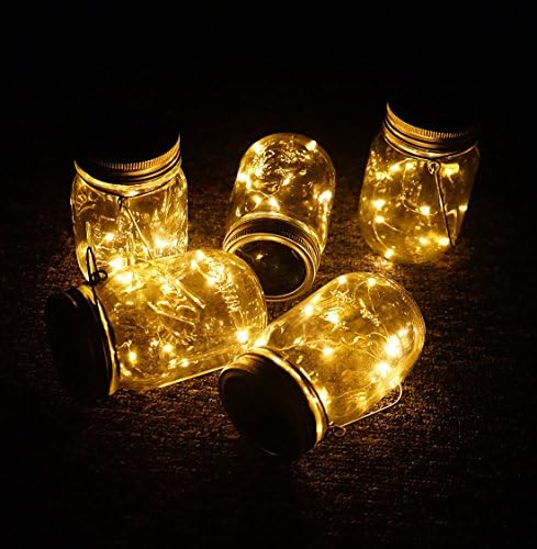 Güneş Mason kavanoz kapağı ışıkları, 6 paket 30 Led dize peri yıldız Firefly kavanoz kapakları ışıkları,6 askı dahil(kavanozlar