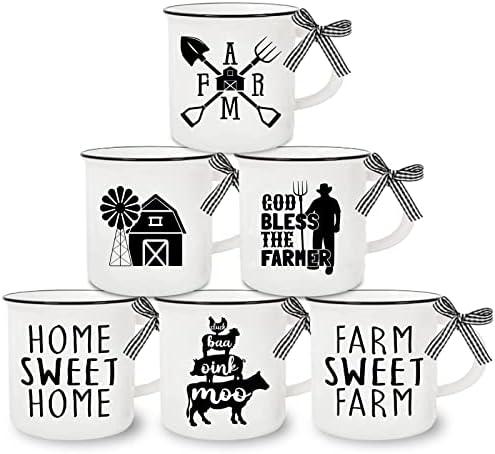 Balina 6 Adet Çiftlik Evi Mini Kahve Kupa Ekose Kurdele ile Siyah Beyaz Çiftlik Hayvanı Çiftçi Seramik Mini Kupa Çiftlik