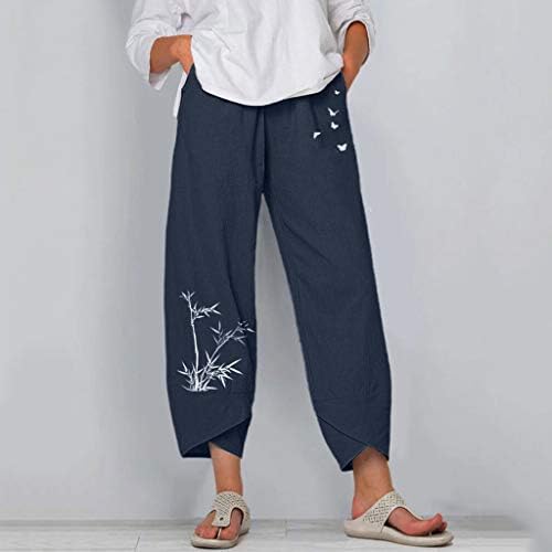 ceangrtro Rahat Hafif kapri pantolonlar Geniş Bacak Elastik Gevşek Uydurma Artı Boyutu Cepler ile Kırpılmış Gevşek Fit Keten