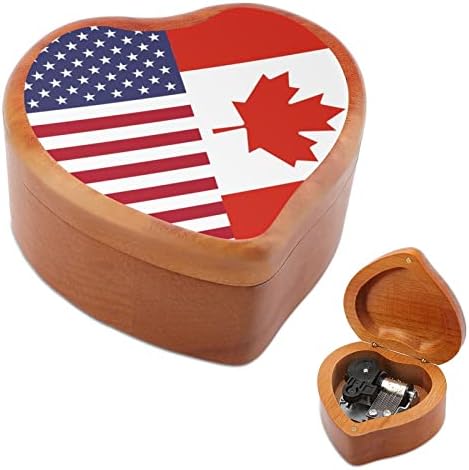 Kanada ve ABD Bayrağı Ahşap Müzik Kutusu Windup Kalp Şekilli Baskılı Müzik Kutuları Sevgililer Yıldönümü Doğum Günü için