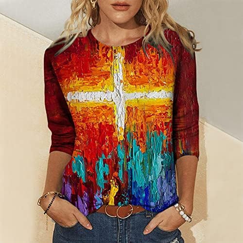 Grafik Tees Kadınlar için 3/4 Kollu Gömlek Komik Yağlıboya Çapraz İnanç T-Shirt Sevimli Üstleri Genç Kızlar için Genç