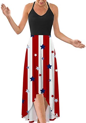 4th Temmuz Maxi Elbise Kadınlar için Yaz Casual Boho Elbise Amerikan Bayrağı Cami Kolsuz Scoop Boyun Yurtsever Yensiz