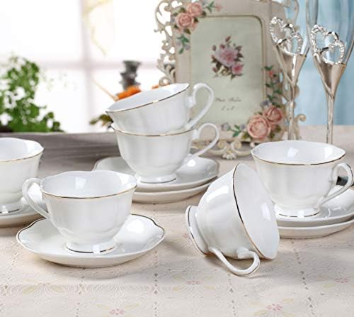 GuangYang 12 ADET Beyaz Çay Seti-İnce Porselen Çay Bardağı ve Tabağı Çay Partisi için Altın Çizgi Saplı 6'lı set