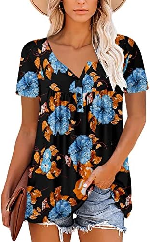 Bayan Casual Çiçek Henley Gömlek Gizlemek Göbek Dantelli Üstleri 2023 Yaz Kısa Kollu Bluzlar Tayt ile Giymek