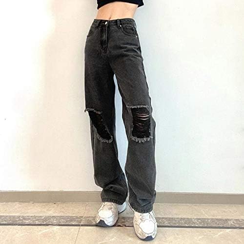 LARIAU Yırtık Kot Bayan Düz Geniş Bacak Gevşek Sıkıntılı Streç Kot Pantolon Pantolon Siyah