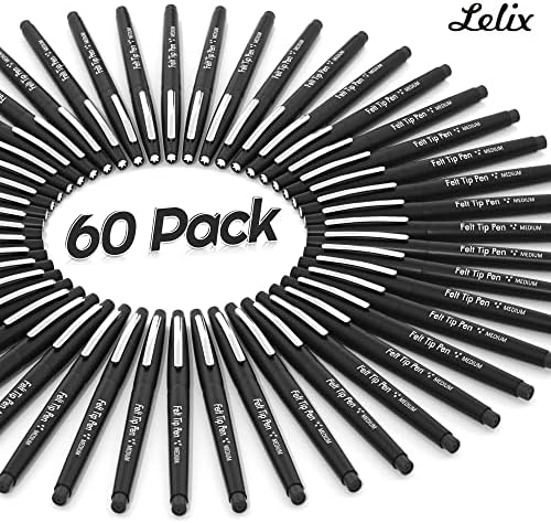 Lelıx Keçeli kalemler, 60 Siyah Kalem, 0.7 mm Orta Nokta Keçeli Kalemler, Günlük tutma, Yazma, Not Alma, Planlayıcı için
