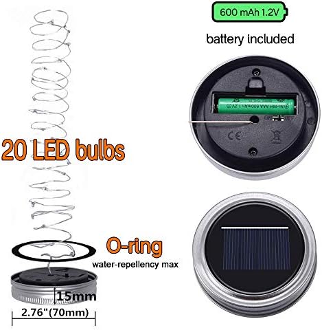SunKite Güneş Mason kavanoz ışıkları [Güncellendi], 8 paket 20 LED su geçirmez peri Firefly Kavanoz kapakları Askılı dize