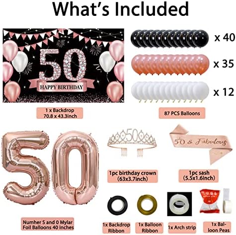 Crenics 50th Doğum Günü Hediyeleri Süslemeleri Kadınlar için 97 Paketi-Gül Altın Mutlu 50th Doğum Günü Banner, Balonlar Kemer