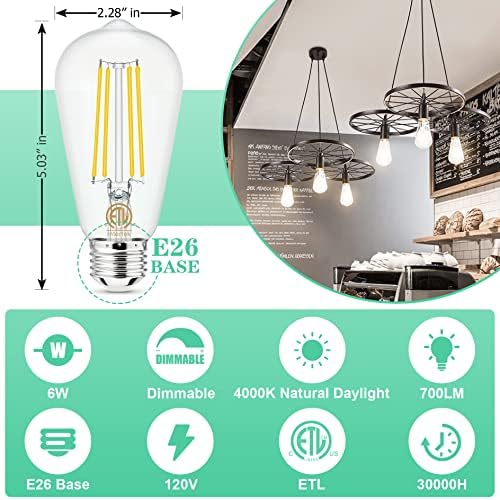 Hansang Kısılabilir Edison Ampulleri E26 LED Ampul 60 Watt Eşdeğeri, 4000K Doğal Gün ışığı Vintage Ampuller E26 Standart