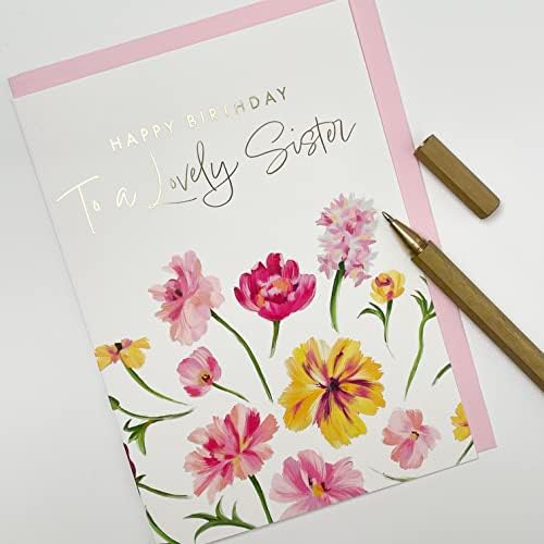 Eski ingiliz Şirketi. Kardeşten Kız Kardeş için Mutlu Yıllar Kartı-Altın Folyo ile Sevimli Çiçek Tasarımı-Renkli Çiçekli