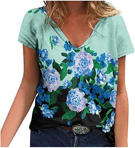 2023 Kısa Kollu Pamuklu Derin V Boyun Çiçek Grafik Bluz Gömlek Bayan Yaz Sonbahar Tee CW CW