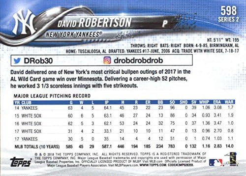 2018 Topps Serisi 2 598 David Robertson New York Yankees Beyzbol Kartı-GOTBASEBALLCARDS
