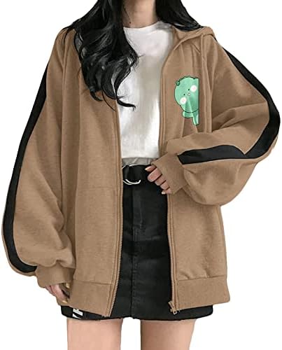 Bayan Bahar kışlık ceketler 2022 Kadın Rahat Kapşonlu Zip Ceket Dinozor Baskı Kapşonlu İpli Cep Ceket Ceket
