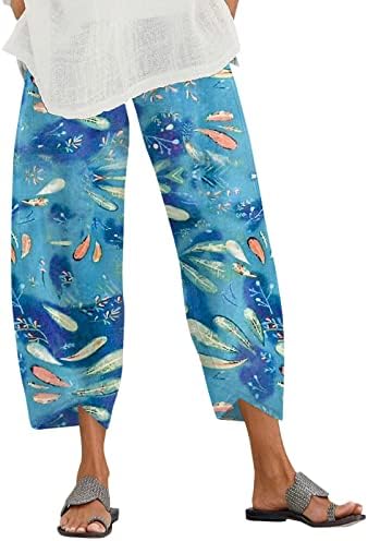 Bayan Pamuk Keten kapri pantolonlar, Elastik Yüksek Bel Geniş Bacak Gevşek Fit Yoga Kapriler Grafik Çiçek Baskılı dökümlü